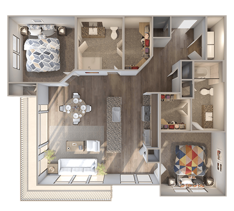 Floor plan for 2 beds, 2 baths, 1132 sqft